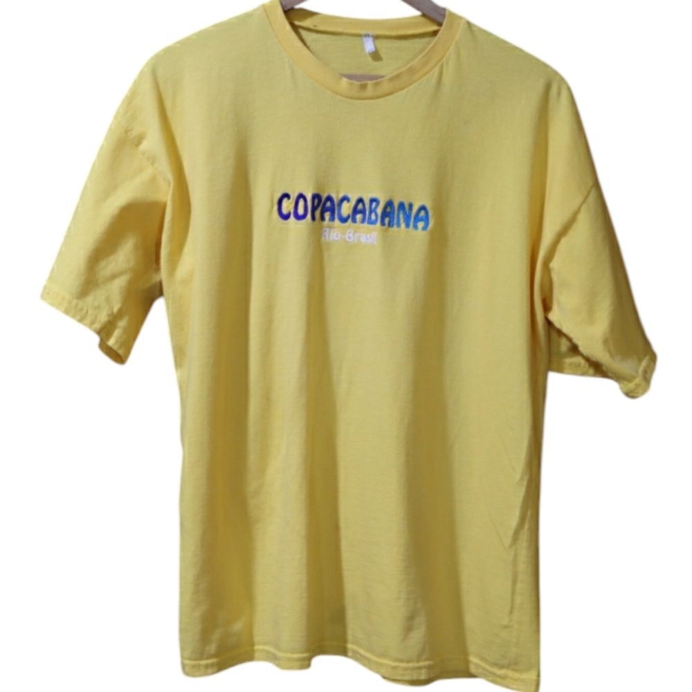Vintage Yellow Copacabana Embroidered Short Sleeve Tee with Bold Text LG